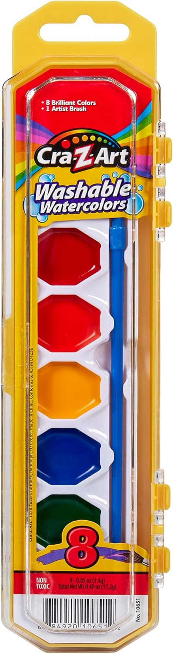 Washable Watercolors with Brush, 8 Colors, 1 Tray (10651)