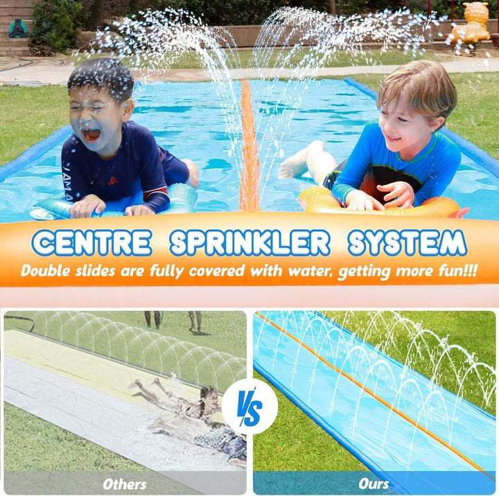 Slip Water and Slide, 22.5Ft Extra Long Lawn Water Slides for Kids Adults, Double Lanes Racing Backyard Summer Sprinkler and Splash Water Toy, XL Slip Waterslide with Inflatable Bodyboards Garden Toy