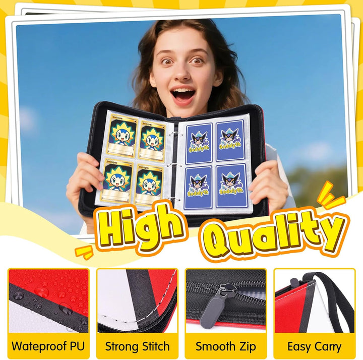 Card Binder – 4 Pocket Zipper Collection Album, Premium PU Holder, Double-Sided Display for 400 Cards, Includes 5 Hard Plastic Sleeves for Game Cards, Sports Cards