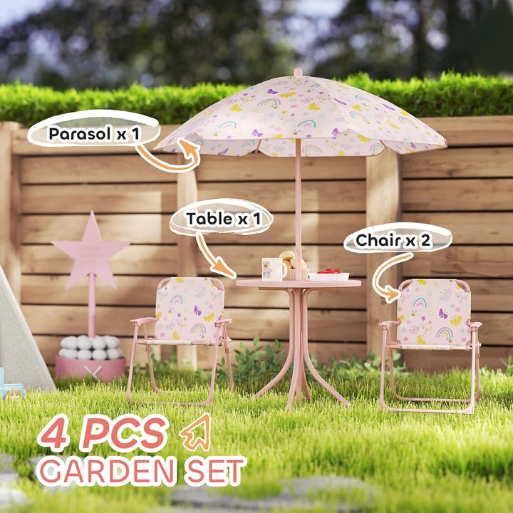 Kids Picnic Table and Chair Set, Outdoor Activity Table with Foldable Chairs, Removable Umbrella, Rainbow Pattern Toddler Patio Furniture for Backyard, Garden, Pink