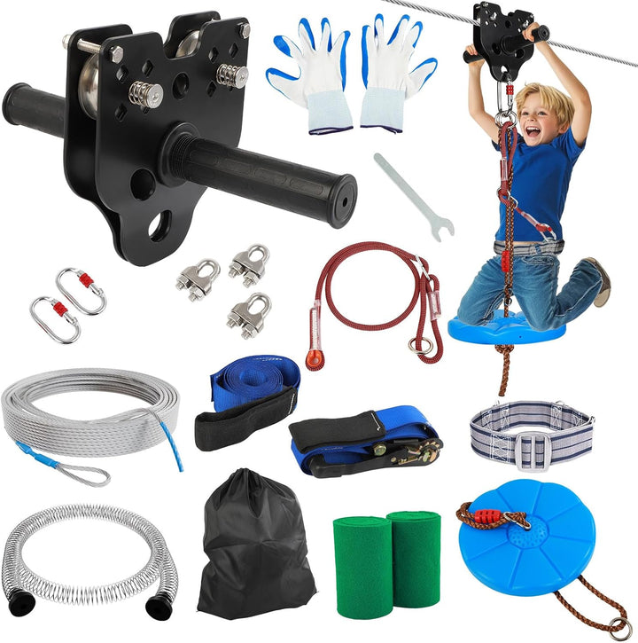 Zip Line Kit for Kids Adults: 200FT up to 400 Lbs - Updated Removable Design Trolley,Thickened Seat,Safety Harness,Quick Tighten Zipline Kits for Outdoor Backyard