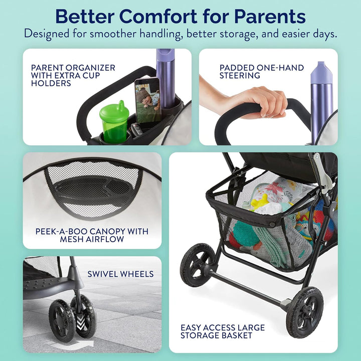 Cloud plus Lightweight Umbrella Stroller for Toddlers with Reclining Seat, Large Storage Basket, Canopy, Infant & Parent Trays, Compact Fold for Summer Travel, Durable Frame, Slate Gray