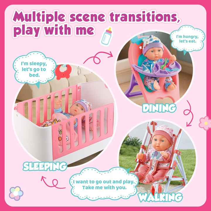 Baby Doll Crib and Stroller Accessories Play Set with 11" Baby Doll,Dining Chair,24 PCS Dolls Accessories and 2 Sets Clothes,Realistic Pretend Play for Girls Kids 3-5 4-6 5-7 Year Gifts
