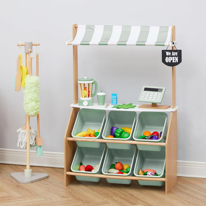 Little Helper Wooden Farmer'S Market Stand with Pretend Cash Register and 6 Plastic Storage Bins, Green, TD-13638A-AMZ