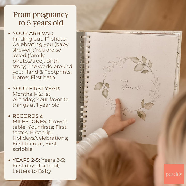 Unisex Baby Memory Book | Minimalist Baby First Year Keepsake for Milestones | Baby Books First Year Memory Book | Simple Baby Scrapbook for Boy Girl Milestones | Natural Linen - Olive