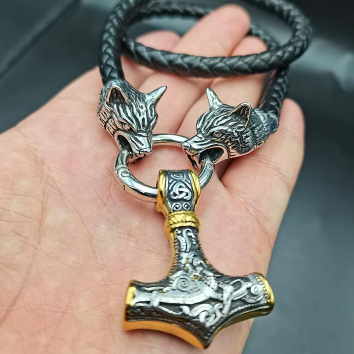 Stainless Steel Wolf Head Leather Chain Thor'S Hammer Pendant Men'S Necklace(Style 3 Gold,80Cm)