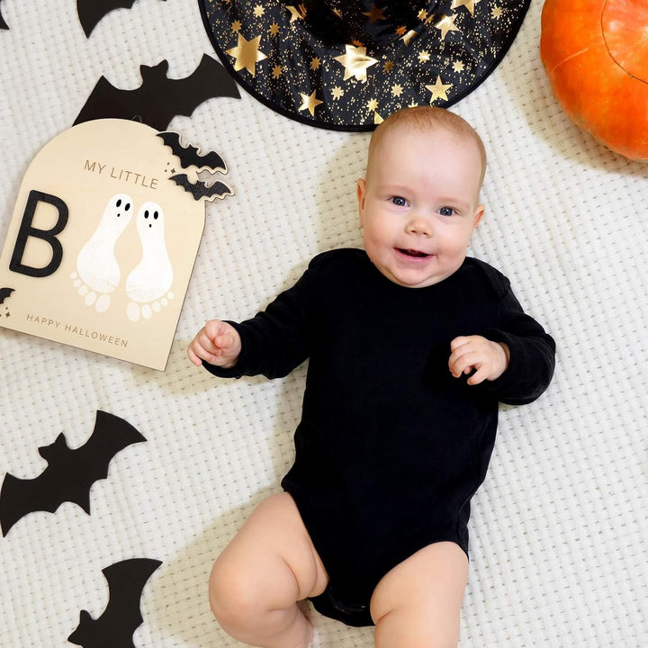 Baby'S First DIY Footprint Art Wooden Milestone Card Keepsake Little Boo Sign Nursery Decorative Ornaments for Baby Shower Newborn Photoshoot Prop(Halloween Classic)