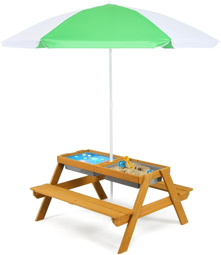Kids Picnic Table, Outdoor Toddler Wooden Table and Chair Set with Removable Umbrella, Children Activity Furniture Bench Set for Patio Garden Backyard