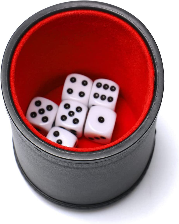 Felt Lined PU Leather Dice Cup Set with 6 Dot Dices (Black, Pack of 1)