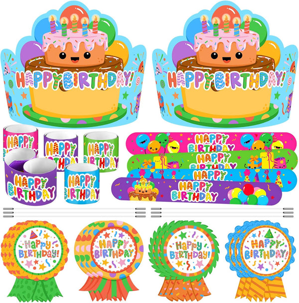 108 Pcs Birthday Crowns Party Hats for Kids Classroom, Include Happy Birthday Badge Stickers, Elastic Band and Slap Bracelet