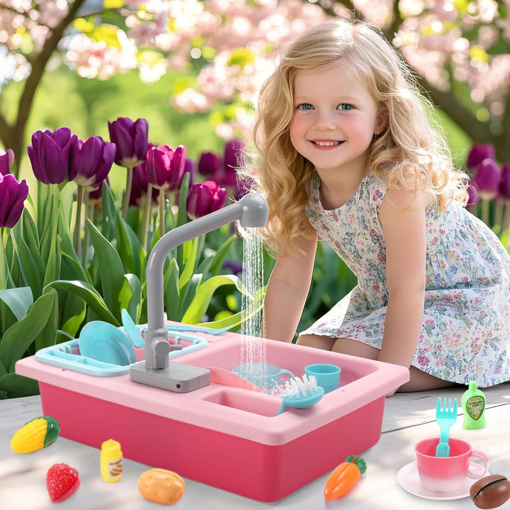Color Changing Play Kitchen Sink Toys, Children Electric Dishwasher Playing Toy with Running Water,Upgraded Real Faucet and Play Dishes,Pretend Role Play Toys for Kids Boys Girls