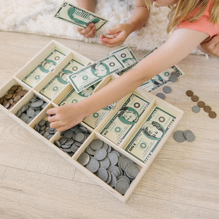 Play Money Set - Educational Toy with Paper Bills and Plastic Coins (50 of Each Denomination) and Wooden Cash Drawer for Storage