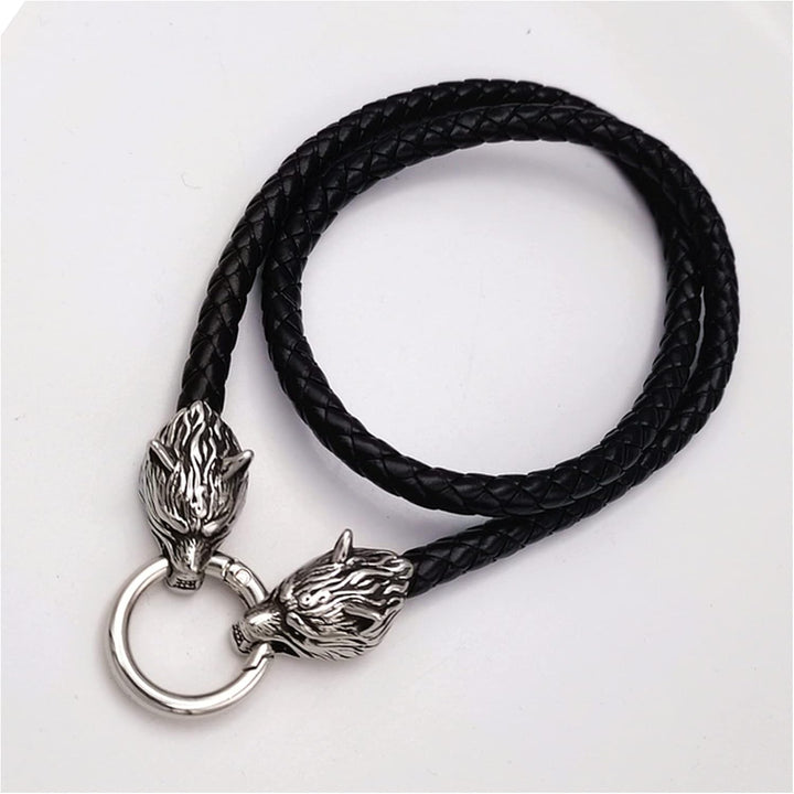 Stainless Steel Wolf Head Leather Chain Thor'S Hammer Pendant Men'S Necklace(Style 3 Gold,80Cm)