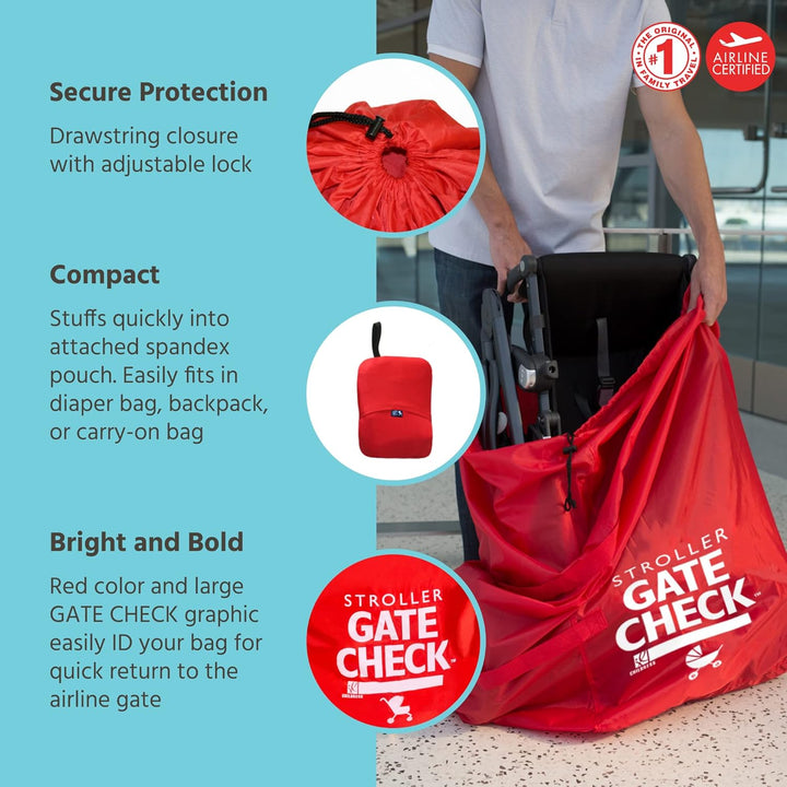 Gate Check Bag for Single & Double Strollers - Travel Bag for Airplane, Fits Most Standard Baby Strollers, Airport Accessories for Gate Check, Flying Essentials - Red