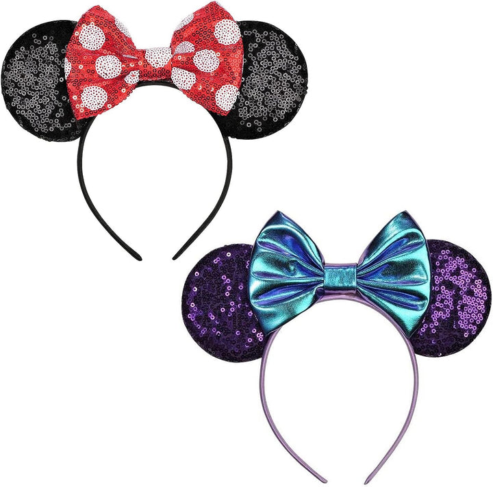 Mouse Ears, Sequin Mouse Ears Headband for Girls Women Halloween Birthday Party (Orange Bow)