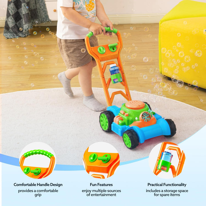 Bubble Lawn Mower Toddler Toys - Pretend Play Bubble Blower Machine Gardening Toy Leak-Proof for Indoor Outdoor Use, Push Toys Preschool Baby Boys Kids Halloween Birthday Gifts (Blue)