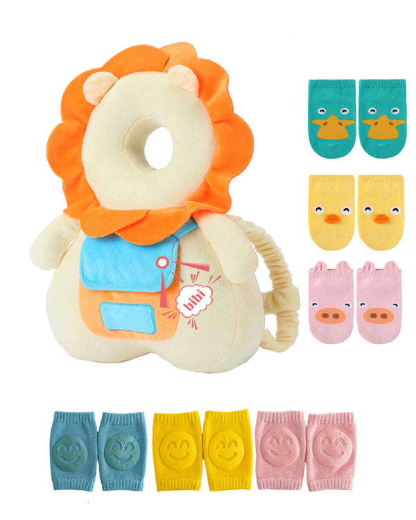 Baby Head Protector Backpack with Squeaker, Knee Pads, Anti-Slip Socks, Yellow Lion Sets