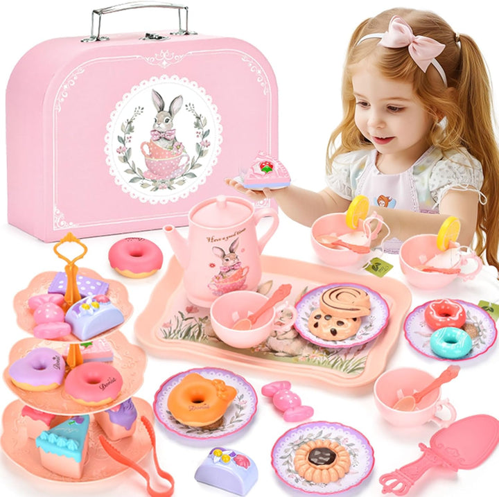 Kids Plastic Tea Party Set for Toddlers & Girls Ages 3-8 – Princess Pretend Play Kitchen Toy with Carrying Case, Teapot, Cups, Saucers, Dessert Toys & Tray | Gift for Little Girls Birthday