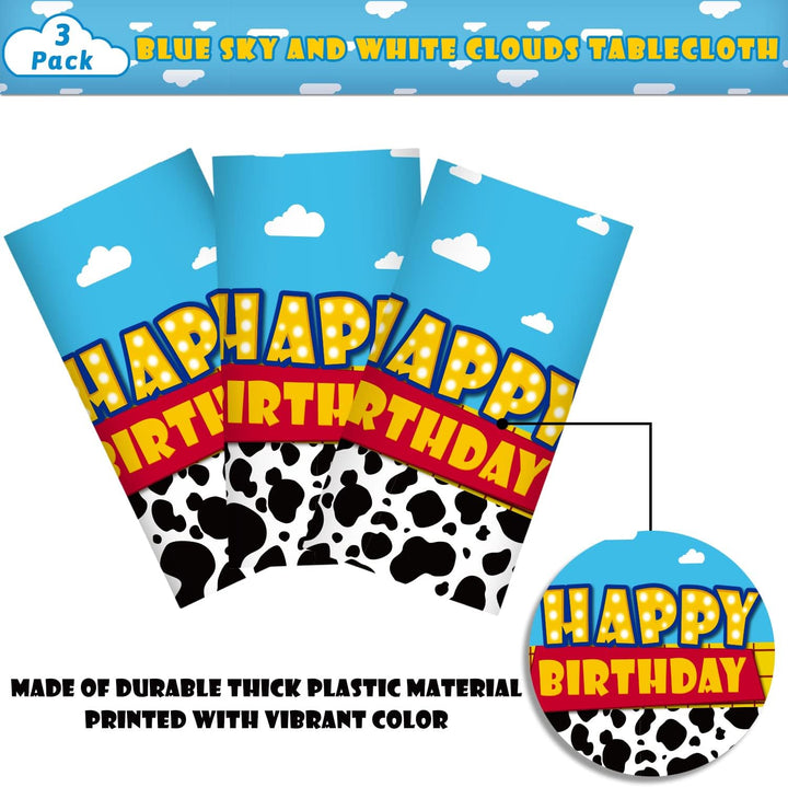 3 Pack Cartoon Story Birthday Party Supplies Cow Pattern Printed Table Cover Blue Sky and White Cloud Tablecloths Cow Birthday Party Decoration for Boy Girl Kid Birthday Party Decor 54 X 108 Inch