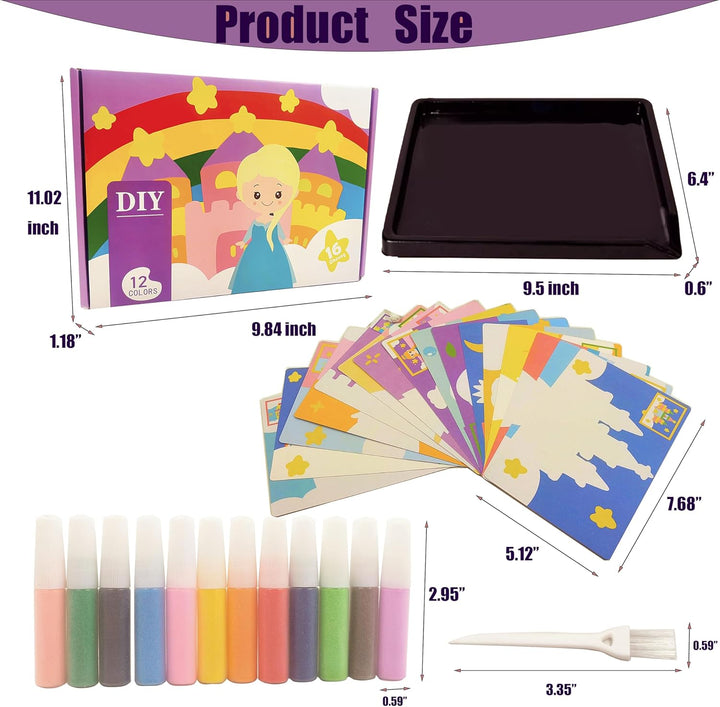 Sand Art Kits for Kids,16 Arts and Crafts Designs,Sheet Sand Art Painting Cards,Princess and Castle Theme,Reusable Sand Tray 12 Color Sands & Tools,Stocking Stuffers for Kids