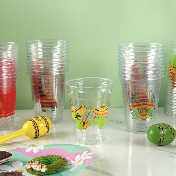 50Pcs Fiesta Cups,12Oz Plastic Disposable Clear Mexican Cups with 5 Pattern Designs for Cinco De Mayo Drinkware Party Supplies Taco Birthday Party Decorations