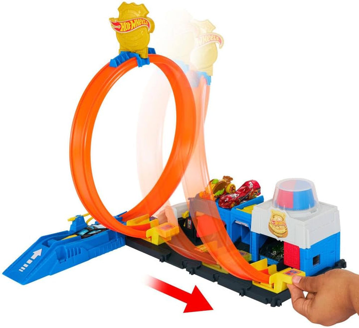 Toy Car Track Set, Super Police Station Playset with 1:64 Scale Die-Cast Vehicle, Adjustable Loop for Multiple Ways to Race & Stunt