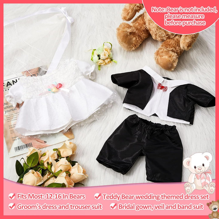 2 Sets Bear Clothes Include Outfits of Groom'S Tuxedo Suit and Bridal Dress Set, the Bear Is Not Included, Suitable for 14-16 Inch Stuffed Animal Clothes