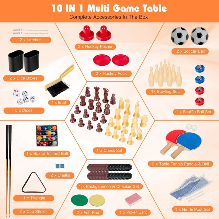 Multi Game Table, 10 in 1 Combo Game Table W/Foosball Table, Hockey, Pool Table, Ping Pong, Shuffleboard, Bowling & 4 Board Games, Game Tables for Game Room, Home, Family