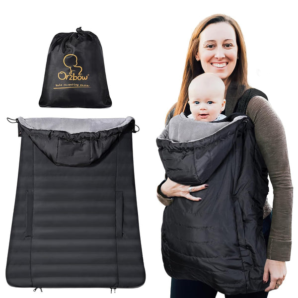 Winter Baby Carrier Cover with Detachable Hood, Waterproof & Windproof, Universal for Baby Carriers and Baby Waist Stool, Baby Bunting Bag for Car Seats and Strollers with Storage Bag, Black