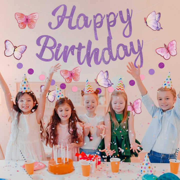 Purple Birthday Decorations, Pre-Strung Happy Birthday Banner with Butterflies and Circle Dot Garland, NO DIY Butterfly Party Decorations for Women Girls Men Boys