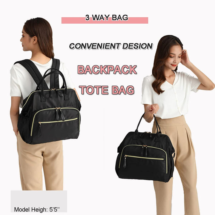 Convertible Diaper Bag Tote, Wide Open Top 14 Pockets Nappy Backpack with Stroller Buckle, Water-Resistant (Black)
