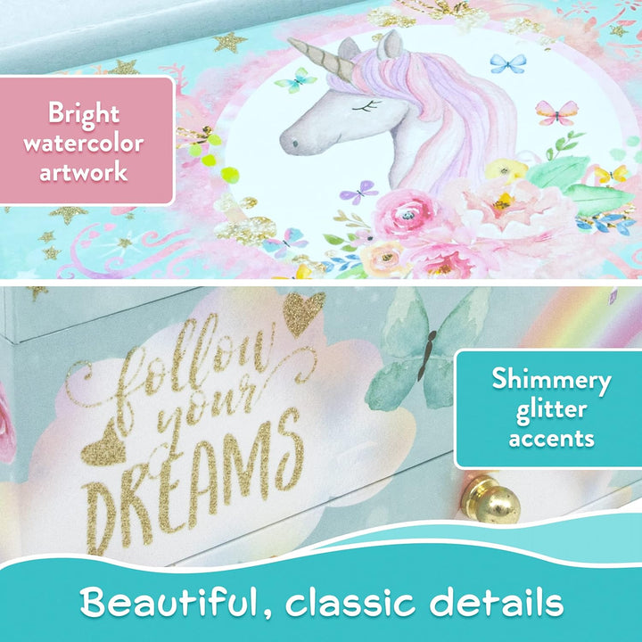 Unicorn Musical Jewelry Box, Classic Melody Storage Organizer Kids Ages 6-12, Wood Construction W/ 2 Compartments