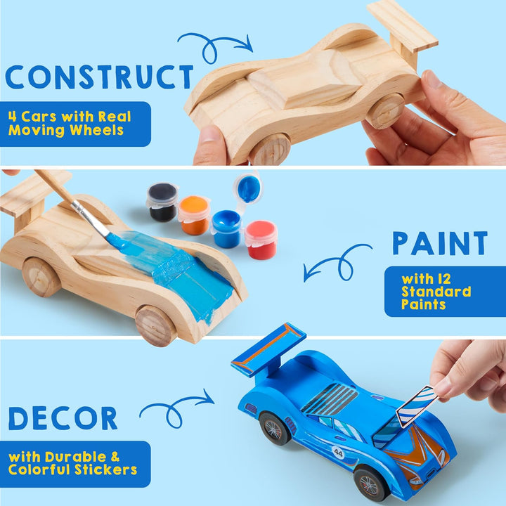 4 DIY Wooden Race Cars-Build & Paint Your Own Wood Craft Kit, 4 Race Cars Toy, Easy to Assemble Arts Crafts Kit, Birthday Party Presents for Kids Boys and Girls