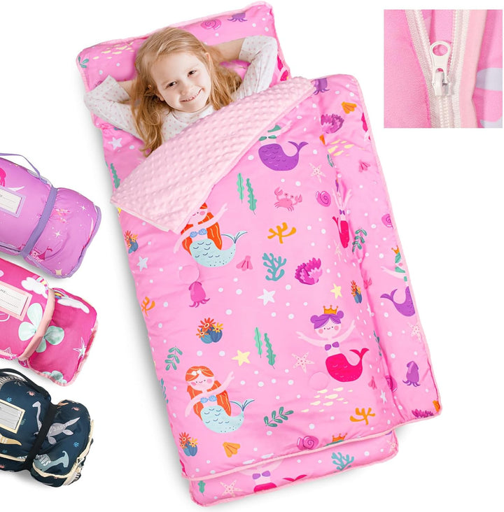 Toddler Nap Mat Extra Large Thickened 55''X35'', Soft Sleeping Bag with Detachable Minky Blanket and Pillow, Portable for Daycare, Preschool, Kindergarten, Travel, Boys and Girls
