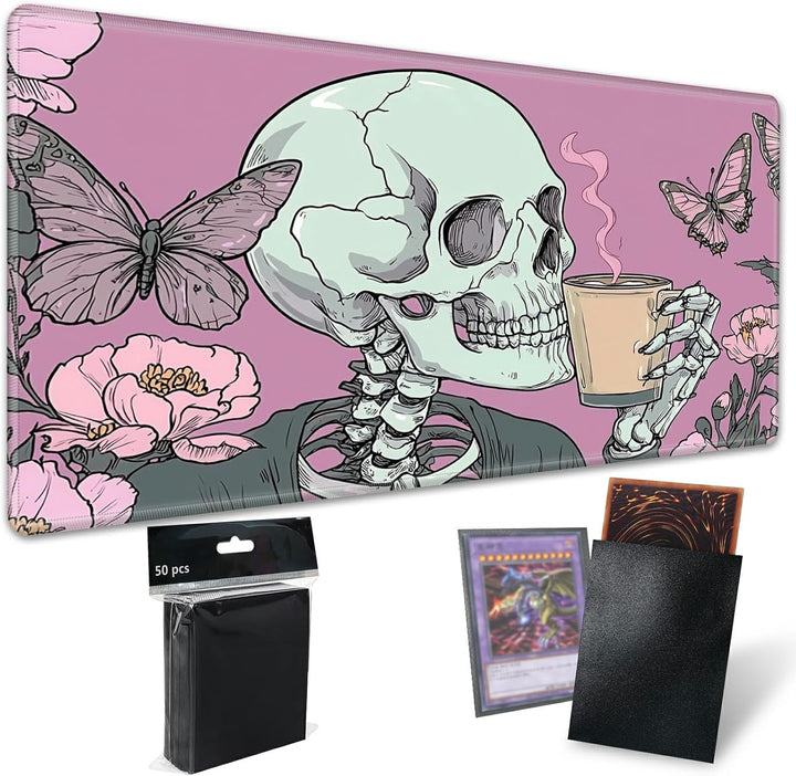 TCG Playmat Board Game Mat plus 50 Pcs Card Sleeves, 24 X 14 Table Mats Game Mousepad with Soft Surface Non-Slip Base for MTG RPG CCG Trading Card Game Playmats, Green Frog