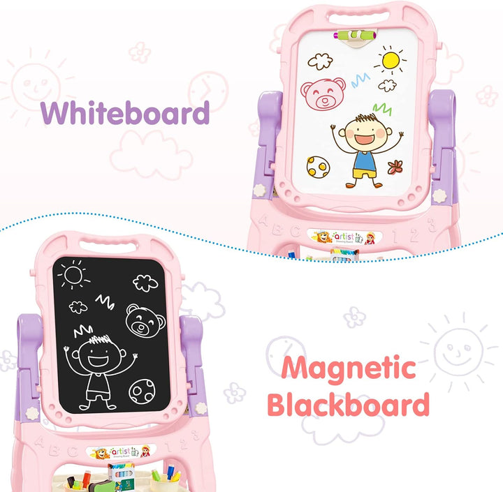 Easel for Kids, Adjustable Standing Art Easel for Toddler, Double Side White Chalk Board with Painting Accessories, Birthday Christmas Gift for Little Girls and Boy Age 3 4 5, Pink