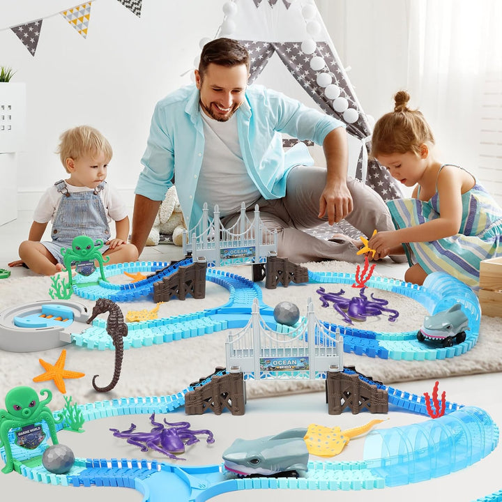 Track Toys 183 Pcs Shark Race Car Toys for Boys Girls 3 4 5 6 7 9 Year, Bendable Flexible Racetrack Cars with Shark & Ball, Ocean Theme Train Toys, STEM Educational Playset Birthday Gift