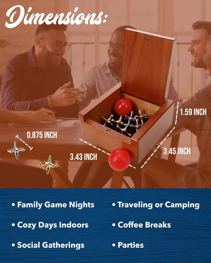 Metal Jacks Set – Classic Jacks Game with 2 Red Balls in Keepsake Wooden Box – Nostalgic Floor Game