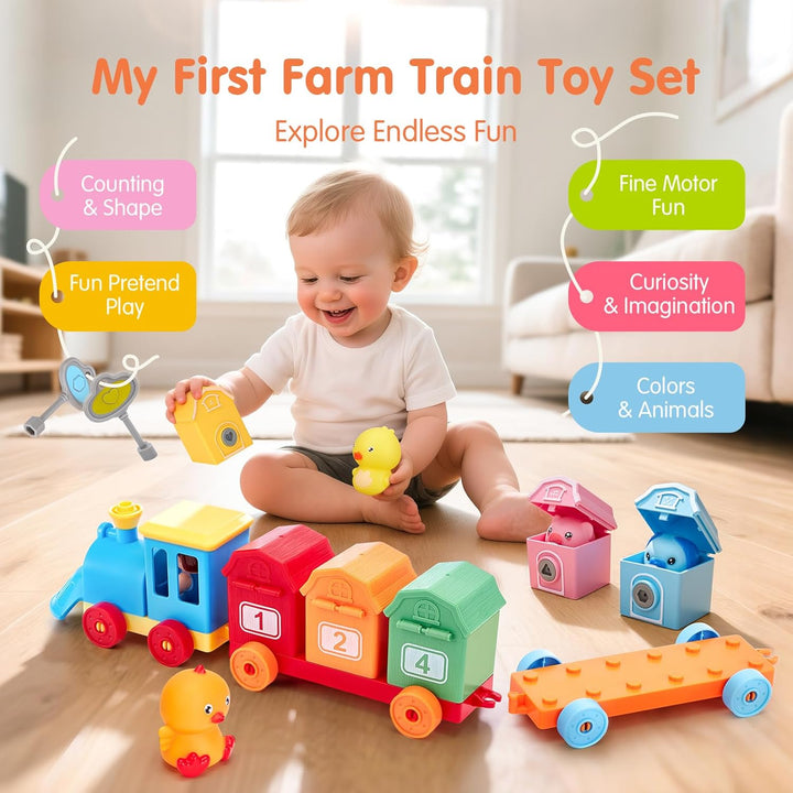 Toddler Learning Toys for 2 3 Year Old Boy Girl - Counting Matching & Sorting Activity Montessori Train Set with Farm Animals, Finger Puppets, Keys to Lock and Unlock Barns, Preschool Birthday Gift