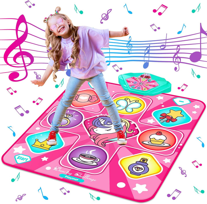 Unicorn Dance Mat, Dance Mixer Rhythm Step Play Mat, Pink Dance Pad with LED Lights, Adjustable Volume, Built-In Music, 5 Game Modes, Xmas B-Day Gifts for 3-12 Years Old Girls Toys