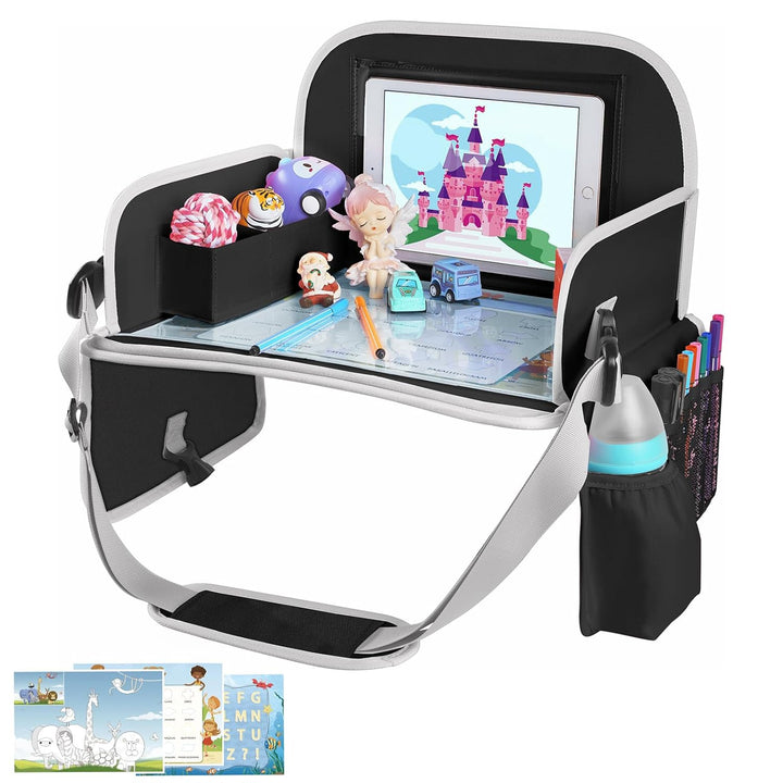 Kids Travel Tray for Toddler Car Seat, Lap Tray for Girl Activities with Dry Erase Board & Cooler Cup Holder, Road Trip Essentials Accessories with No-Drop Large Tablet Ipad Holder Stand,Pink