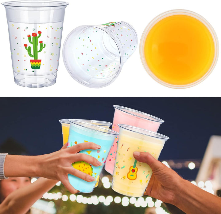 100 Pack 12 Oz Fiesta Cups Plastic Mexican Cups Clear Disposable Mug Cinco De Mayo Party Decorations for Fiesta Taco Birthday Party Drinkware Supplies, 4 Styles