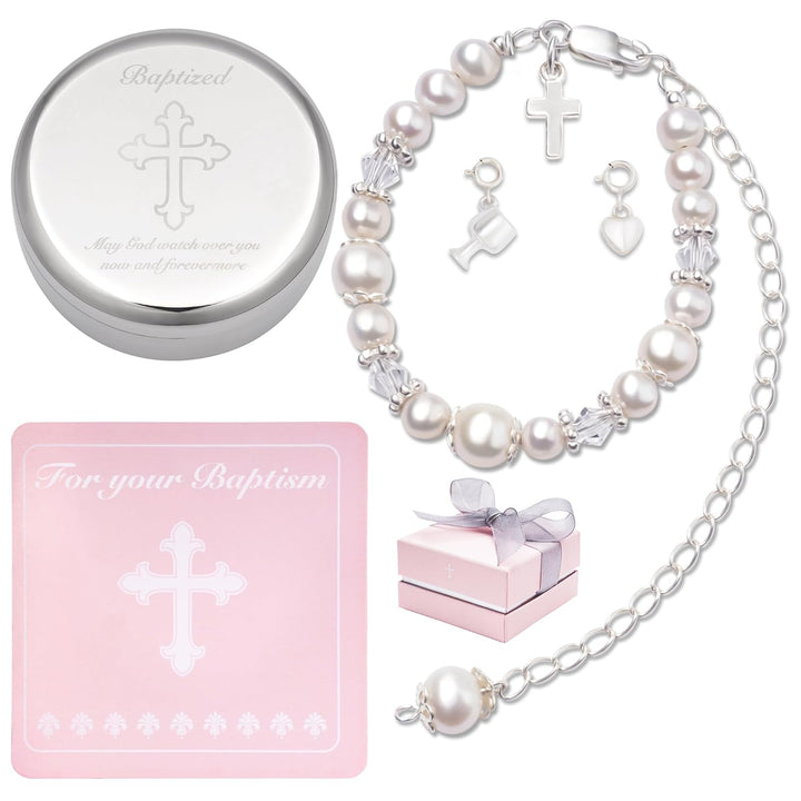 Baptism Bracelet in Sterling Silver and Cultured Pearls for Baby Girls, with Silver-Plated Jewelry Keepsake Box,Great Catholic Christening and Baptism Gifts for Girl