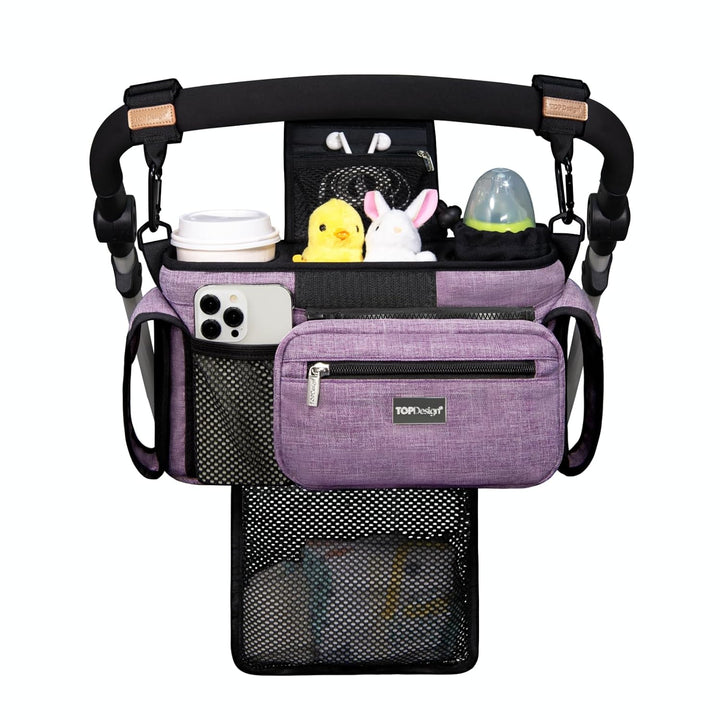 Universal Baby Stroller Organizer, Stroller Caddy with Detachable Mesh Bag & Heightened Insulated Cup Holders & Non-Slip Secure Hooks Accessories, Fits Most Strollers (Checkerboard)