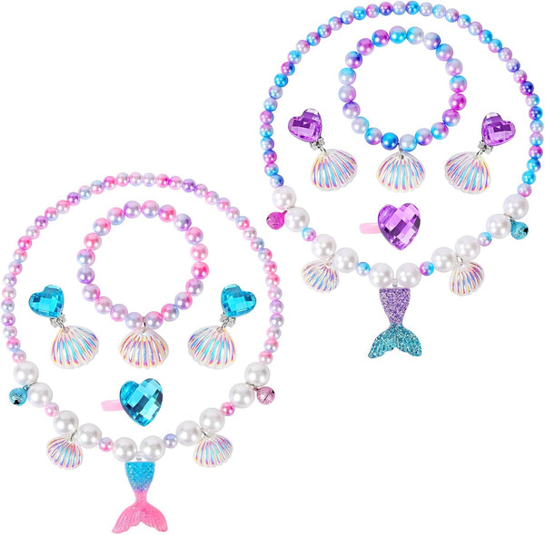 2 Sets Mermaid Jewelry Set for Girls, Princess Accessories for Dress-Up, Birthday Party & Costume Play Mermaid Necklace, Bracelet, Ring & Earrings for Girls Age 3-8
