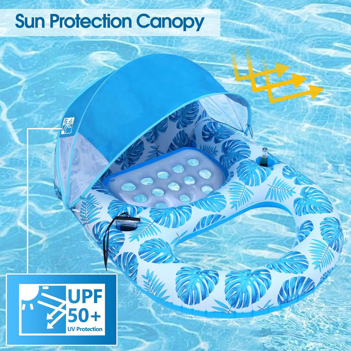 Pool Lounge Float with Canopy Upf50+,Extra Large Pool Floats for Adults Heavy Duty,Inflatable Lounger Float with Cup Holder & Backrest,Footrest