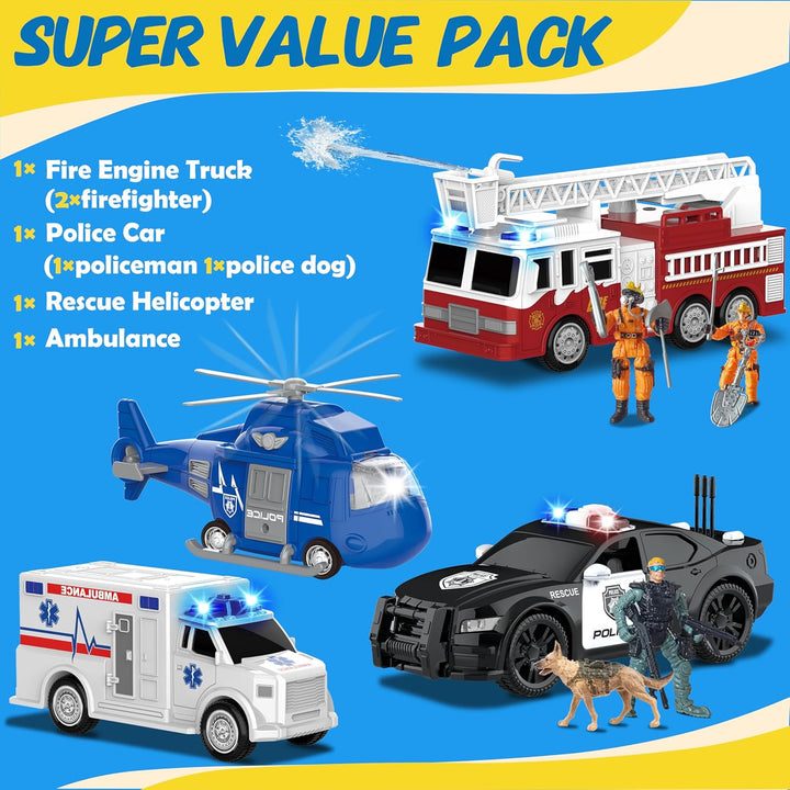 4 in 1 Toy Vehicle Playsets,Including Police Car,Fire Truck,Ambulance ,Toy Helicopter,2Fireman 1Policeman,Andk9 Dog, Friction Powered Vehicles with Light and Sound,Best Toddler Gifts