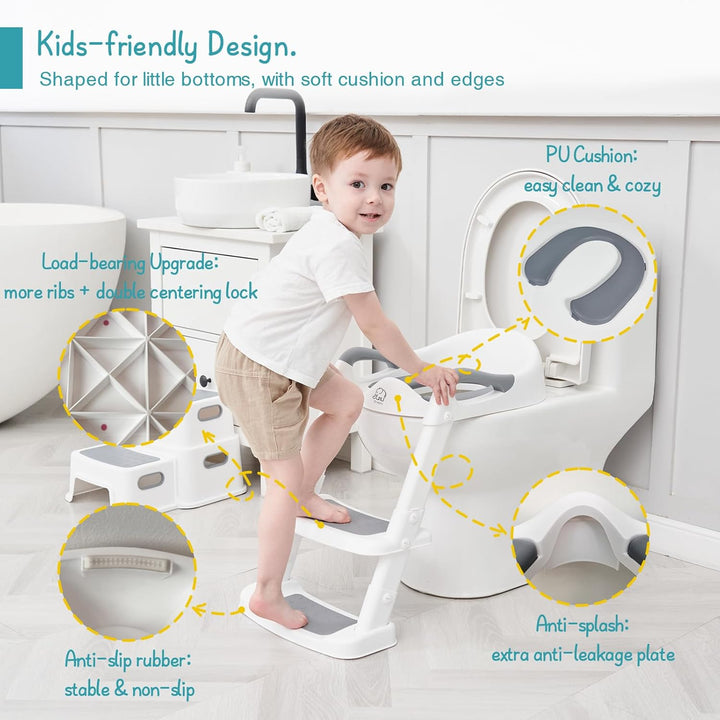 Potty Training Toilet Seat with Step Stool Ladder, Toddler Kids Potty Seat for Boys Girls, Non Slip Foldable Toilet Training Seat with Soft Cushion, Comfortable Handles (White-Grey)