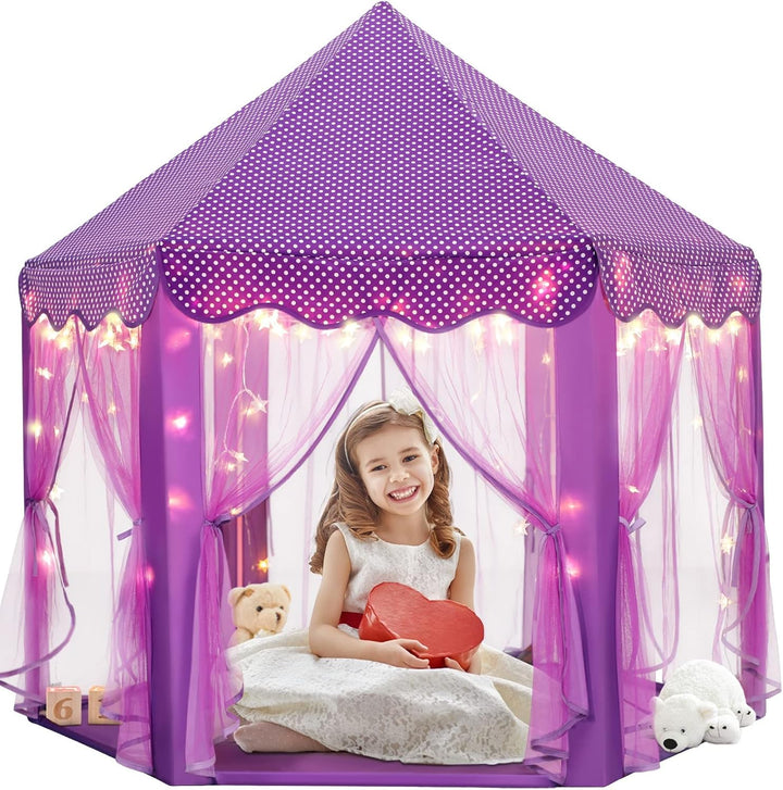 Princess Castle Tent for Girls Fairy Play Tents for Kids Hexagon Playhouse with Fairy Star Lights Toys for Children or Toddlers Indoor or Outdoor Games (Pink)
