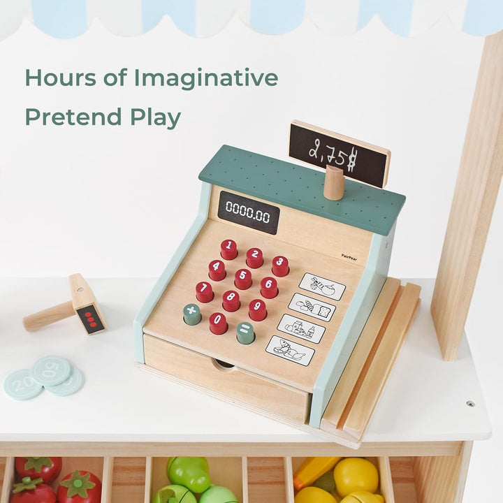 Wooden Toy Cash Register,Kids Pretend Play Money Counting Toys with Scanner and Credit Card,Toddler Cashier Toy Grocery Play Food Accessory for Pre-School Gift Boys Girls 3+